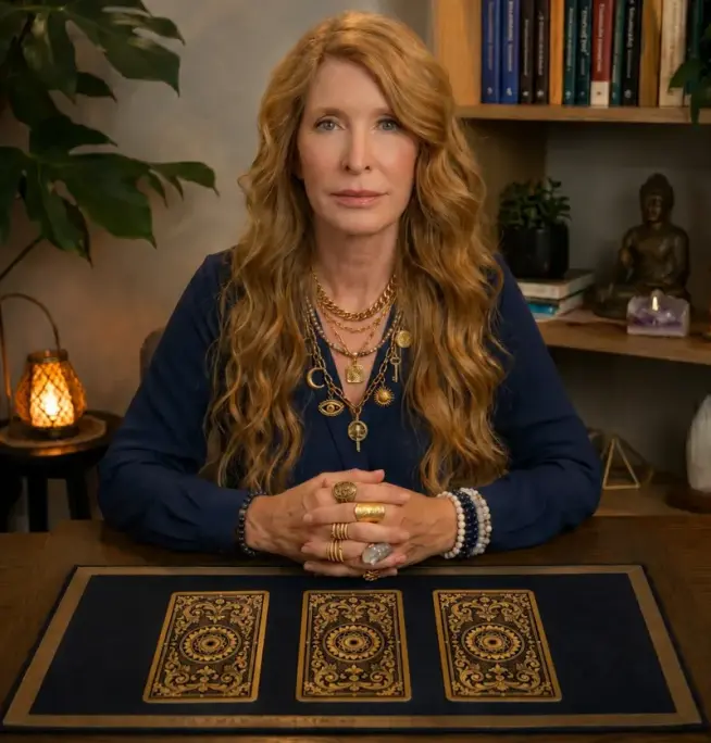 Tarot reader seated at a table with three golden cards face down